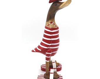 Decorative running duck made of wood with swimsuit 25 cm red - white ringed