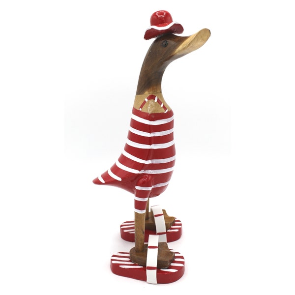 Canard courant décoratif en bois avec maillot de bain 25 cm rouge - anneau blanc