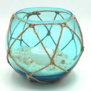 Fischerkugel Windlicht Meerblau mit LED-Teelicht 12 x 10 cm
