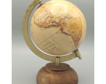 Decorative antique globe Ø 12 cm wooden base total height 21 cm