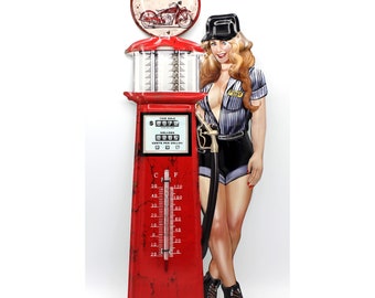 Thermometer PinUp Girl an Zapfsäule 48cm Nostalgie Retro