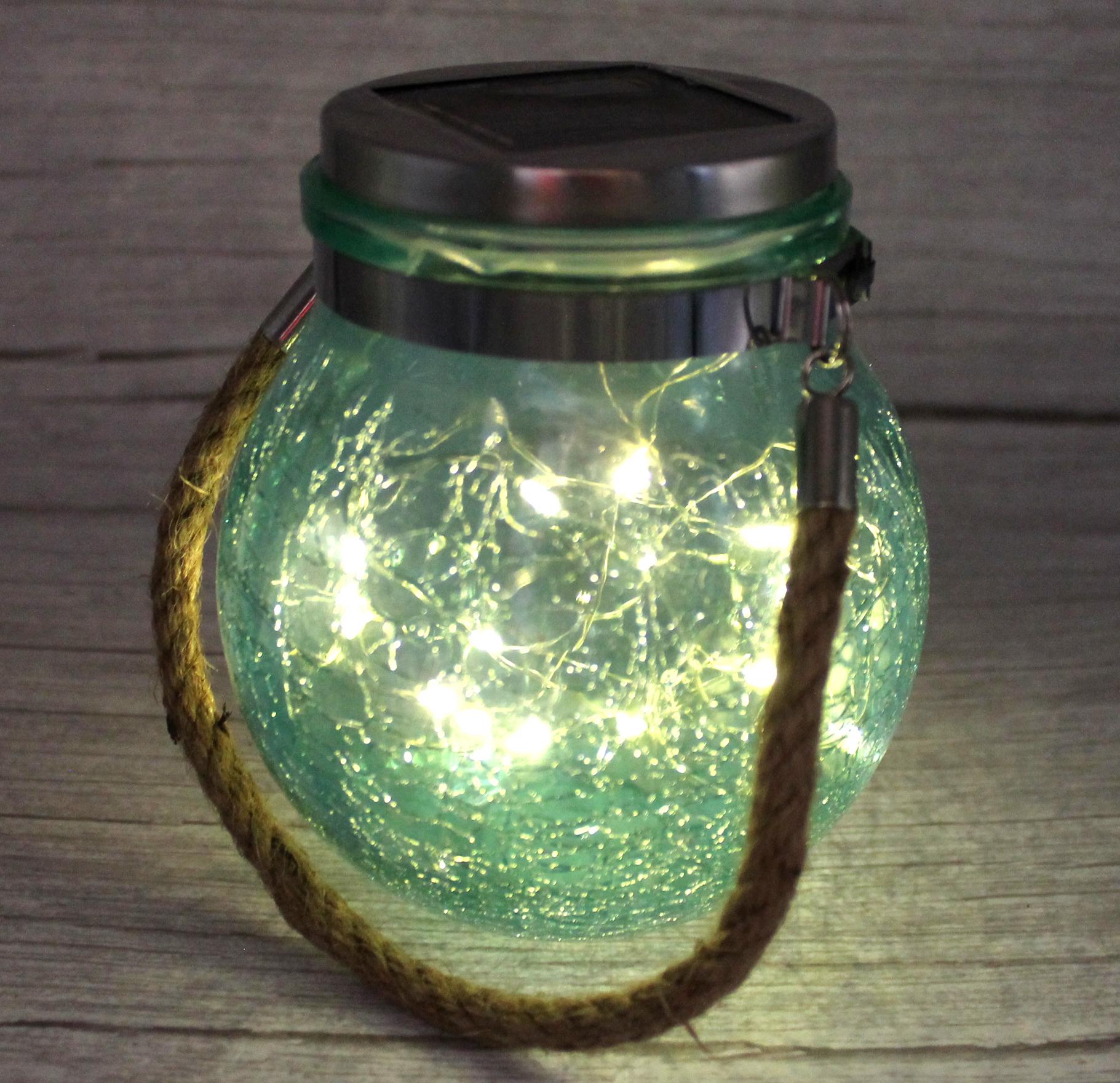 Solar Windlicht Glas mit LED Lichterkette Dämmerungsaktiv Türkis