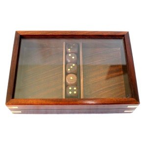 edle Spielkartenbox 18 x 12 x 4 cm mit 5 Würfeln Holz Glas Messing  Box und Würfel