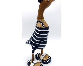 Wooden duck 33 cm with swimsuit, flip flops and hat, blue and white