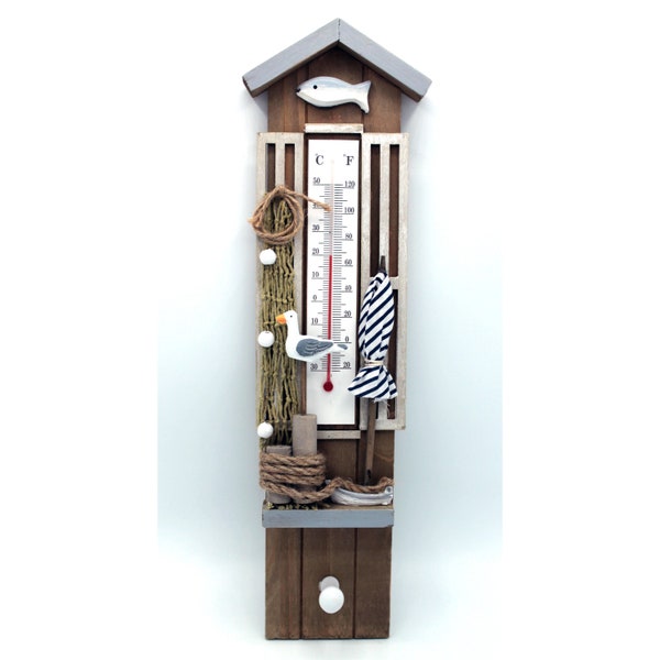 Thermometer  40 cm Holz mit Haken im Treibholz-Stil