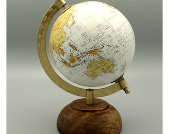 Decorative antique globe Ø 12 cm wooden base total height 21 cm white