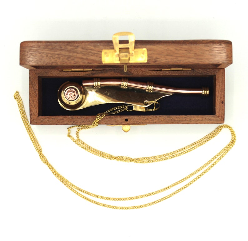 Boatswain's Whistle 13 Cm Brass in Beautiful Wooden Box With Chain and ...