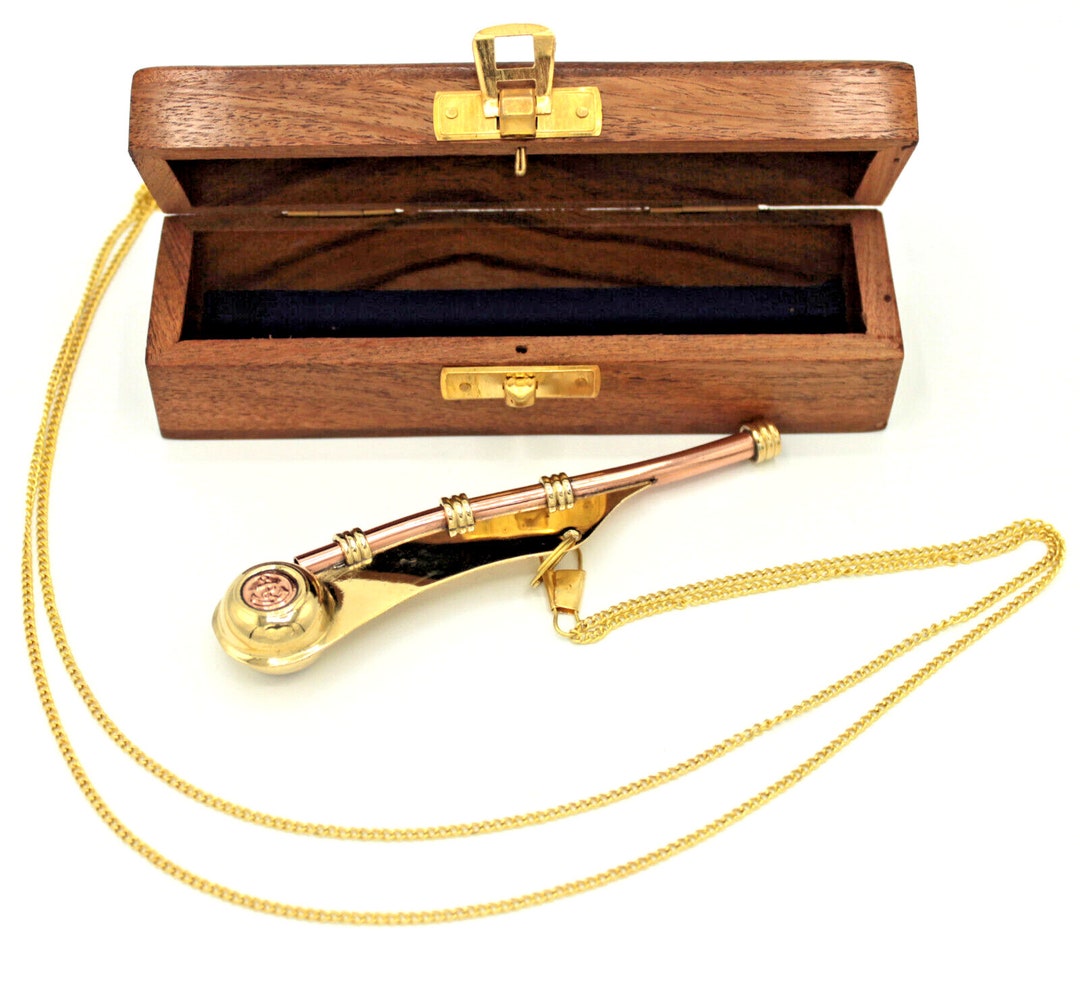 Boatswain's Whistle 13 Cm Brass in Beautiful Wooden Box With Chain and ...