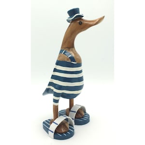 Decorative wooden duck with swimsuit 25 cm white - blue striped