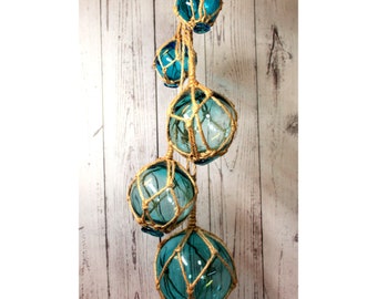 Hanging decoration 53 cm length 5 fishing balls sea blue glass and hemp cord
