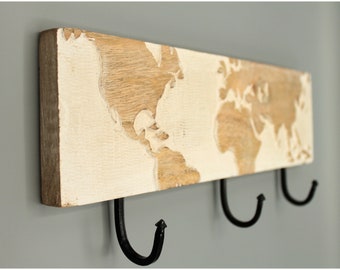 Wooden hook rail 38 x 15 x 5 cm with 3 metal hooks world map white