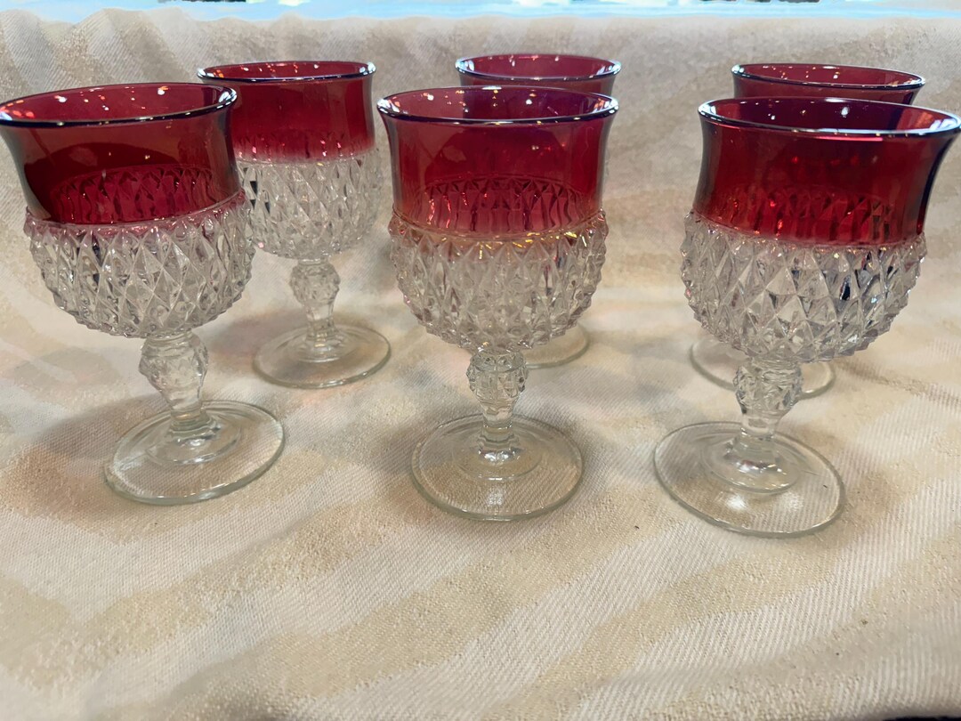 Vintage Indiana Glass Diamond Point Ruby Rim Water Goblets - Set of 6 ...
