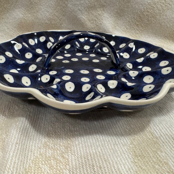 Beautiful Polish Pottery Blue Dot Egg Dish. Bought in Poland. Incredible Price just for you!