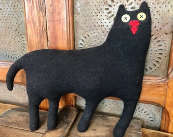 Folk Art Cat ~ Hand Made Black Cat ~ Soft-Sculpture Folk Art Cat ~