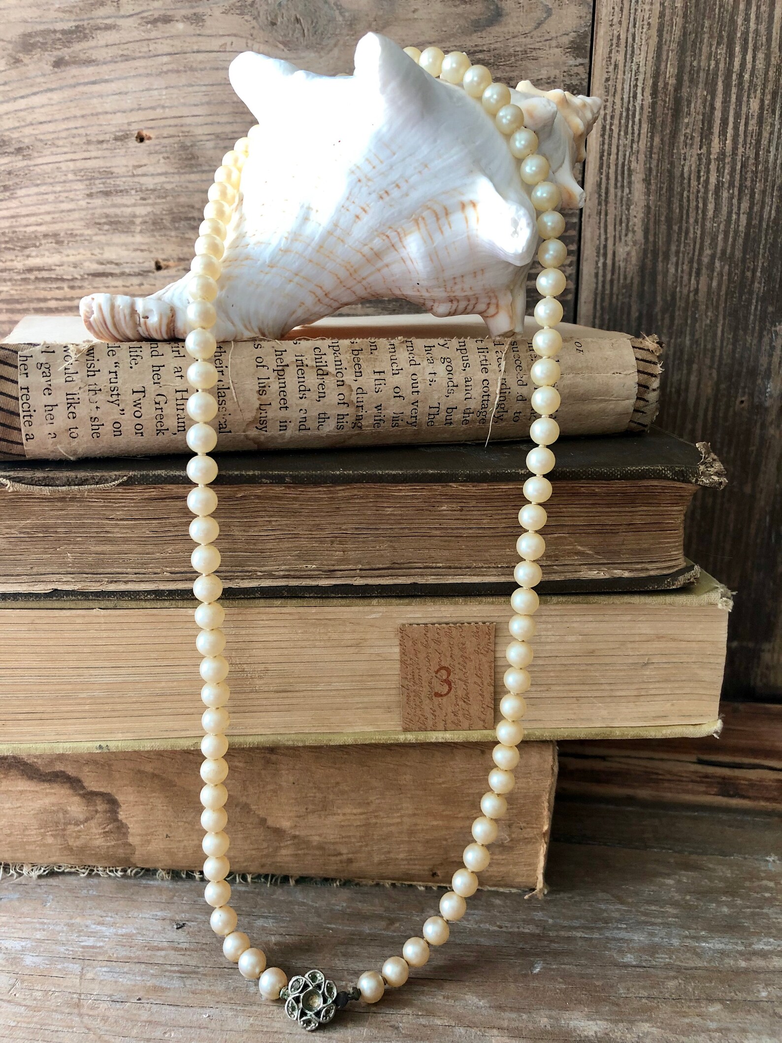 Olde Pearls Vintage Single Strand Pearls With Silver Flower Etsy