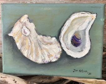 Oyster Shells Original Oil Painting (#5)  Two Oyster Shells Front and Back on Canvas Chesapeake Bay Oysters Maryland East Coast Original Art