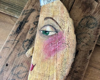 Moon ~ Half Moon ~ Celestial Whimsical Wall Art ~ Luna Face ~ Moon with Crown ~ Found Beach Driftwood ~ O.O.A.K. 1/2 Moon Face Wall Art