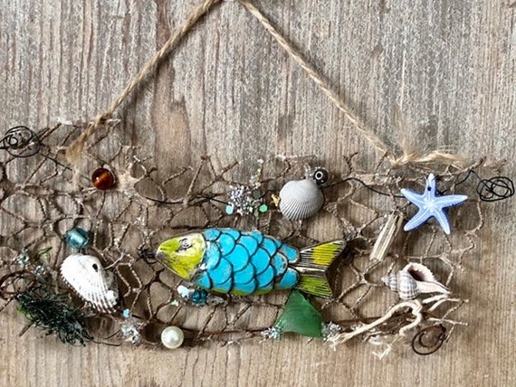 Fish in Net Assemblage Art Sea Life Fish Sea Glass Sea Shells in