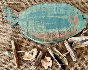 Driftwood and Sea Shell Wind Spinner with Wooden Fish - Driftwood Flounder