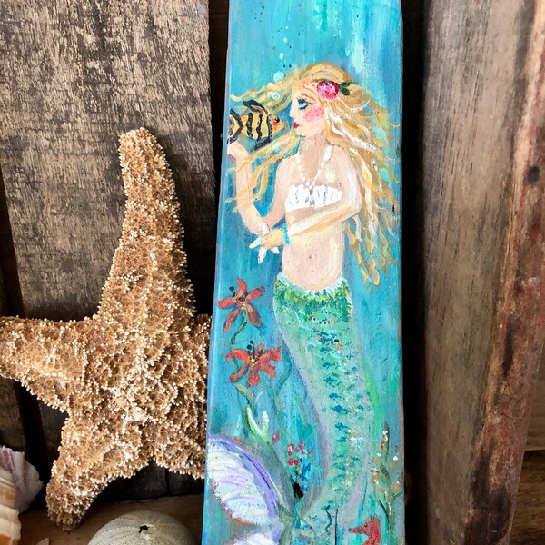 Mermaid Painting ~ Original Painting ~ Reclaimed Board ~ Sea Life Art ~ Mermaid Art ~ Coastal Decor ~ Coastal Art ~ Hand Painted Mermaid