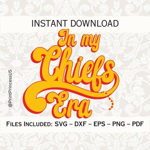 May include: A digital download of a graphic design featuring the text "In my Chiefs Era" in a yellow and red font with a red and white beaded necklace. The text is in a stylized font and the design is perfect for use on t-shirts, mugs, and other merchandise.