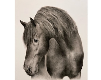 Arte originale firmata a carboncino del cavallo nero, regalo di Natale