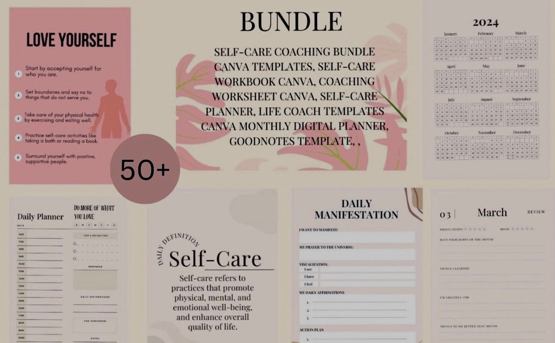 Curated visual reference: Gallery Detail: Self Care Coaching Bundle Canva Templates Self Care Workbook Canva