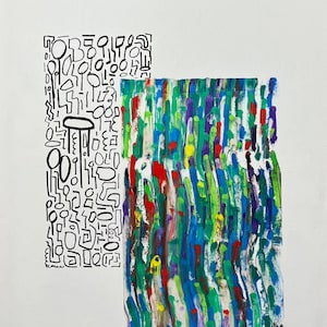 May include: Abstract painting with a black and white section on the left side and a colorful section on the right side. The colorful section features a variety of colors including blue, green, red, yellow, and purple. The black and white section features a variety of shapes and lines.