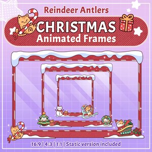 Puede incluir: Marcos animados de Navidad con un borde de bastón de caramelo rojo y blanco. Los marcos están en tres relaciones de aspecto diferentes: 16:9, 4:3 y 1:1. Los marcos están decorados con nieve, un muñeco de nieve, un árbol de Navidad y un gato con un gorro de Papá Noel. El texto "Reindeer Antlers CHRISTMAS Animated Frames" está en la parte superior de la imagen. El texto "16:9 | 4:3 | 1:1 | Static version included" está en la parte inferior de la imagen.