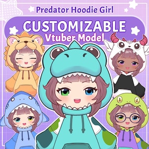 May include: An illustration of a customizable VTuber model wearing various predator-themed hoodies. The hoodies include a lion, dinosaur, shark, goat, and frog design. The text at the top reads "Predator Hoodie Girl".