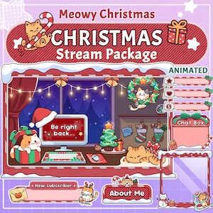 Stream Overlay Package - Meowy Christmas | Cute and Cozy Twitch Overlays | Stream Scenes | Cat Twitch Alert and Panels | Vtuber Overlays
