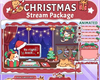 Stream Overlay Package - Meowy Christmas | Cute and Cozy Twitch Overlays | Stream Scenes | Cat Twitch Alert and Panels | Vtuber Overlays