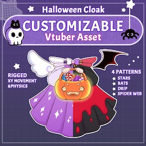 Op de afbeelding: Een digitale illustratie van een Halloween-cape, een aanpasbare Vtuber-asset. De cape heeft een paars en rood ontwerp met een pompoenmand. De afbeelding bevat de tekst "4 PATRONEN" en vermeldt sterren, vleermuizen, druipen en spinnenweb.