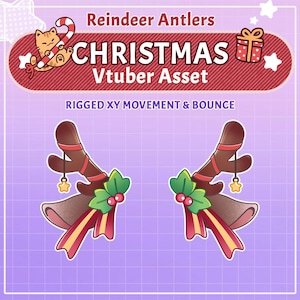 May include: Illustration of reindeer antlers with a Christmas theme. The antlers are brown with red accents, adorned with holly, ribbons, and a gold star charm. The text reads "Reindeer Antlers CHRISTMAS Vtuber Asset".