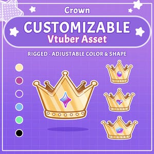 Puede incluir: Ilustración digital de coronas doradas con gemas sobre fondo morado. El texto dice "Crown CUSTOMIZABLE Vtuber Asset RIGGED - ADJUSTABLE COLOR & SHAPE". Hay opciones de color a la izquierda.