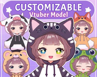 May include: A customizable Vtuber model with a hoodie and different animal head options. The model has a black and white striped hoodie with a black cat head, a brown cow head, a brown bear head, a yellow fox head, and a green frog head.