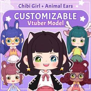 Customizable Chibi Animal Ears Vtuber Model - Fully Rigged, Editable, Ready to use