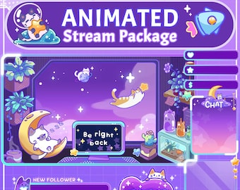 Stream Overlay Package - Starry Paws | Cute and Cozy Twitch Overlays | Stream Scenes | Space Cat Twitch Alert and Panels | Vtuber Overlays