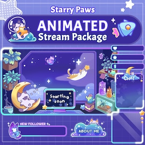 Op de afbeelding: Een paars en blauw geanimeerd stream-pakket met cartoonkatten, een halve maan en een sterrenhemel. Het ontwerp bevat de tekst "Starry Paws" en "Animated Stream Package", plus een "Starting soon"-scherm.