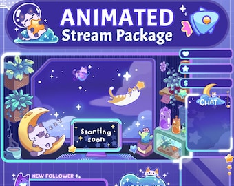 Stream Overlay Package - Starry Paws | Cute and Cozy Twitch Overlays | Stream Scenes | Space Cat Twitch Alert and Panels | Vtuber Overlays