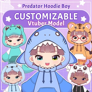 May include: A promotional image for a customizable VTuber model, featuring a cartoon character wearing a blue shark hoodie. Other hoodies include a dinosaur, tiger, seal, and demon. Text at the top reads "Predator Hoodie Boy" and "CUSTOMIZABLE VTuber Model."