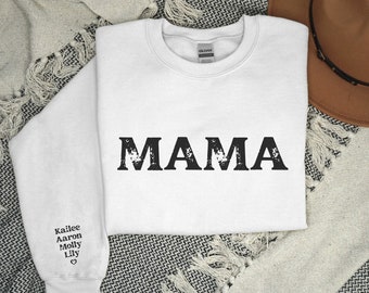 Personalized Mama Sweatshirt with Kids Names on Sleeve is a thoughtful and unique Gift for a New Mom, Baby Shower or First Mothers Day