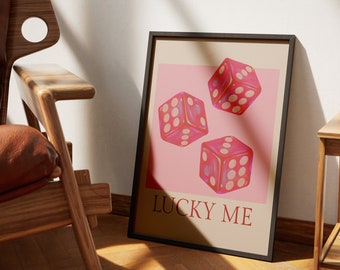 Lucky Me Dice kunst aan de muur | Retroposter | Trendy muurkunst | Rozerode dobbelsteen | Esthetisch universiteitsappartement | Afdrukbare kunst | Digitale afdrukken