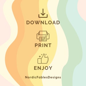 Op de afbeelding: Een afbeelding met een downloadpijl, een printerpictogram en een duim omhoog-pictogram met glitters. De tekst zegt "Downloaden", "Afdrukken", "Genieten" en "NordicFablesDesigns".