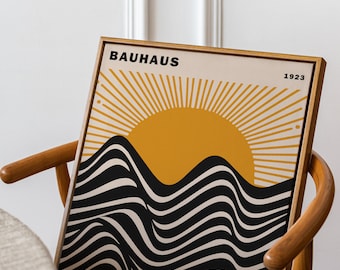 Bauhaus-print | Bauhaus-tentoonstellingsposter | Gele Bauhaus-muurkunst | Tentoonstelling muurkunst | Bauhaus-poster downloaden | Bauhaus-muurkunst zon