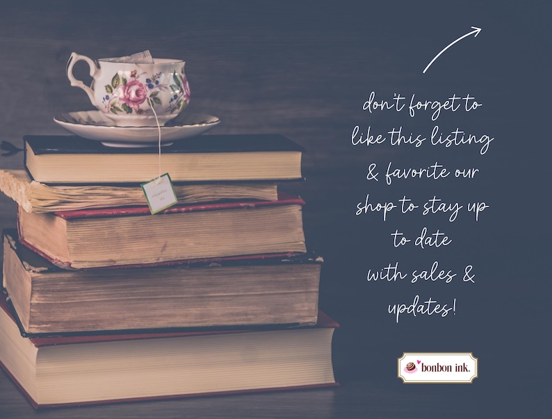 May include: A stack of old books with a teacup and saucer on top. The teacup is white with pink and blue floral designs. A tea bag hangs from the cup. Text on the right says "don't forget to like this listing & favorite our shop to stay up to date with sales & updates!"