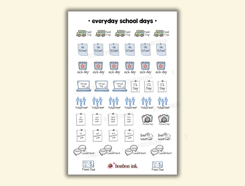 Everyday School Days Sticker Sheet • School Calendar Stickers (1/2 ...