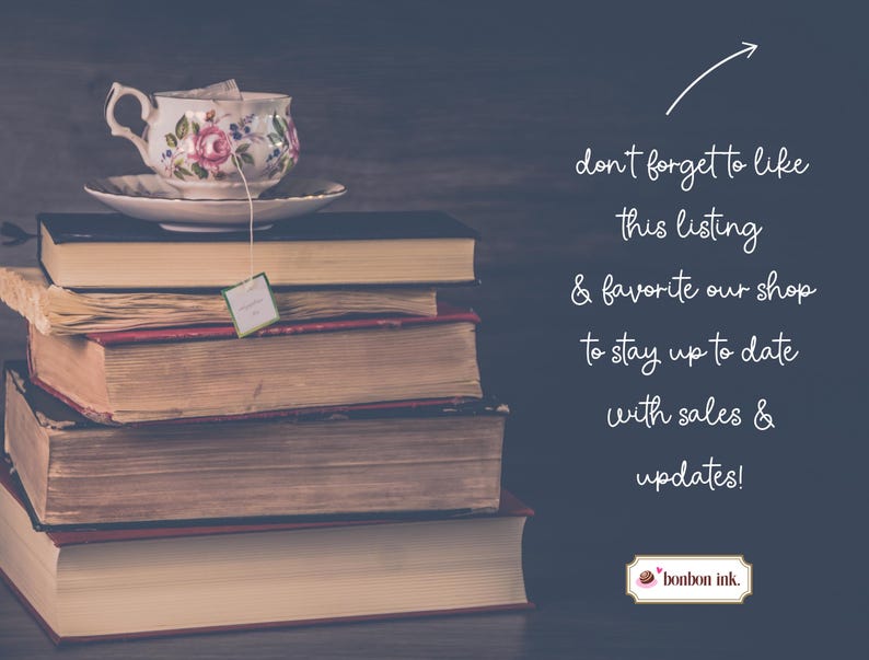 May include: A stack of vintage books with aged pages supports a floral teacup and saucer. A tea bag hangs from the cup. The image includes the text: "don't forget to like this listing & favorite our shop to stay up to date with sales & updates!"
