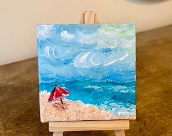 Small Acrylic Painting on Canvas- Beach with Umbrella