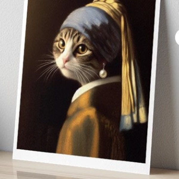 Girl with a Pearl Earring Vermeer painting parody Vermeer print Cat with pearl earring Digital Art print Printable art Famous artists parody